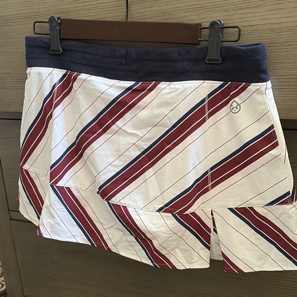 Tasc Performance bamboo fabric Striped Tennis Skirt with maroon and Blue Accents